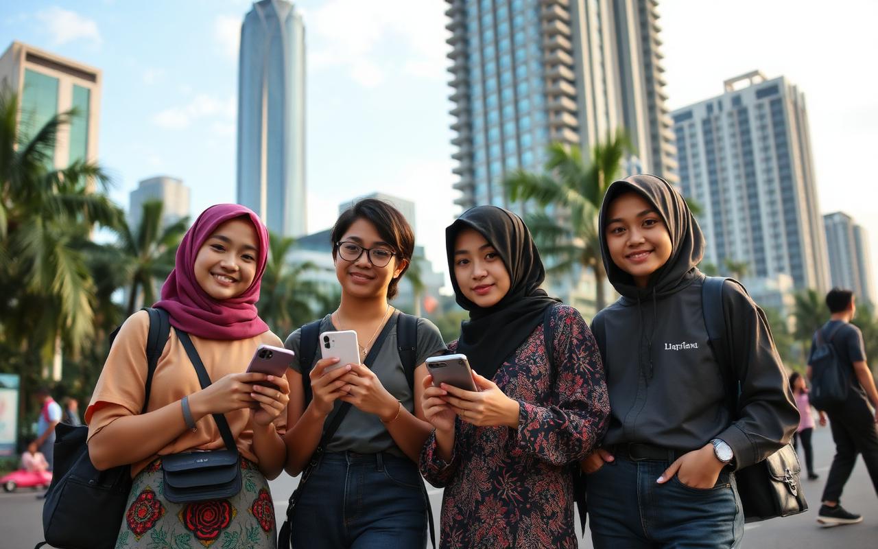 Jakarta young Indonesian Gen Z students with smartphones