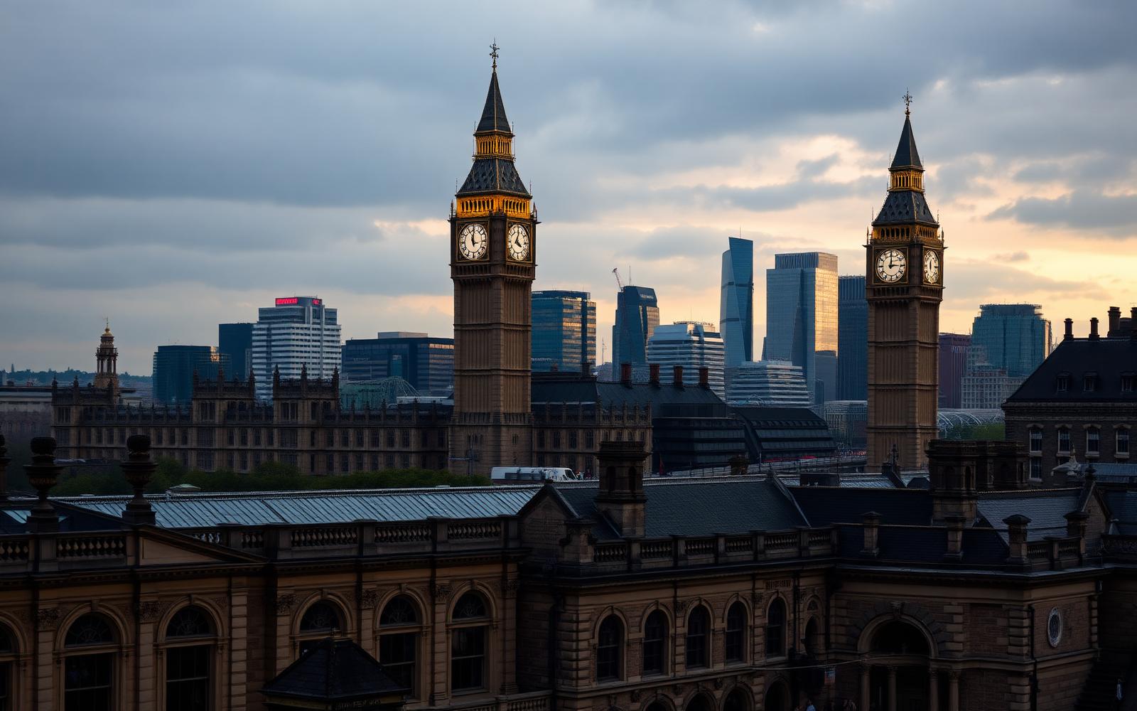 London skyline with Big Ben, fintech towers and British university heritage