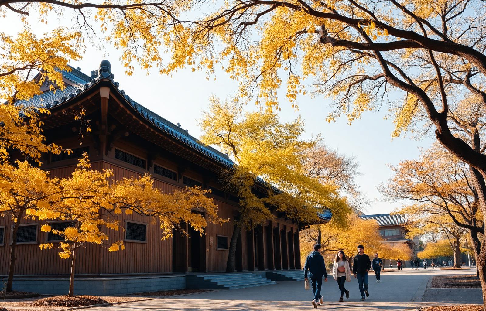 Sungkyunkwan University Myeongnyundang historic hall with golden ginkgo trees