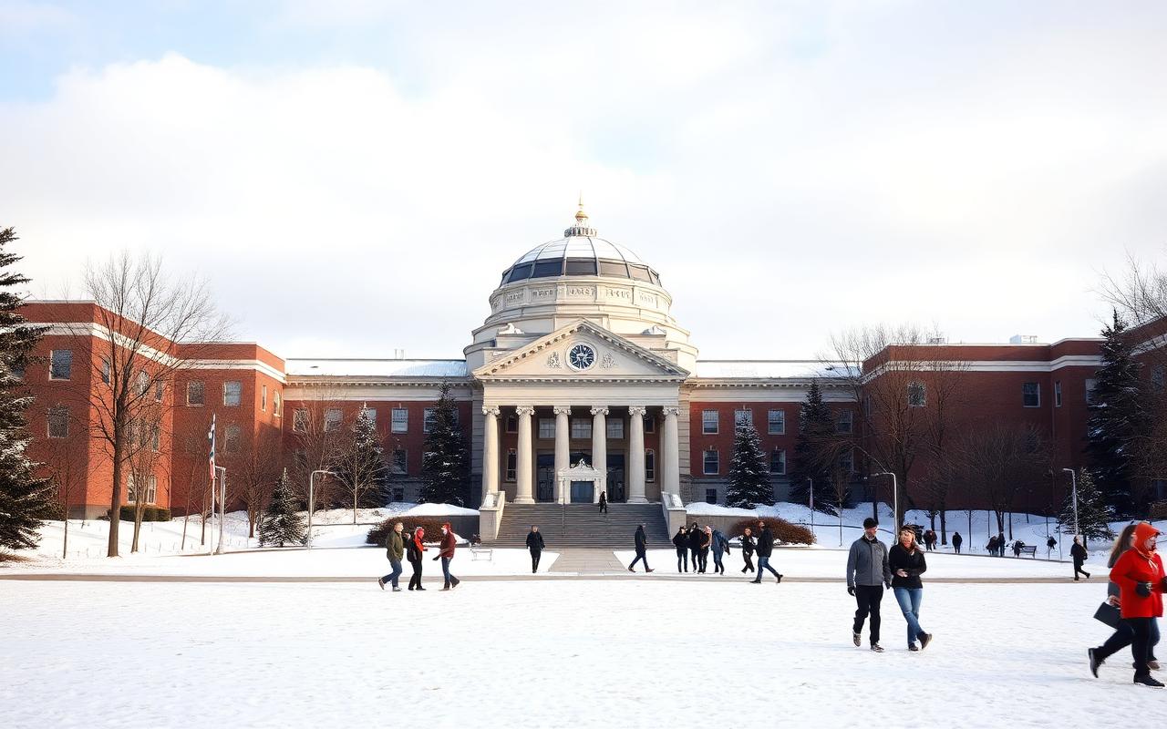 University of Alberta main quad in winter with students walking past historic buildings
