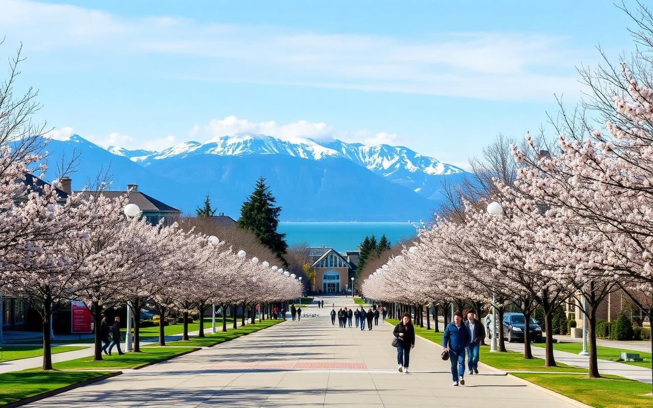 University of British Columbia Main Mall lined with cherry blossoms with mountains and ocean in the distance
