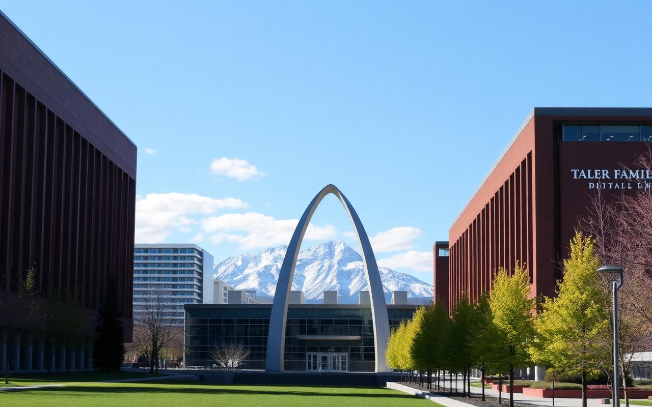University of Calgary Taylor Family Digital Library and The Arch with Rocky Mountains in the distance